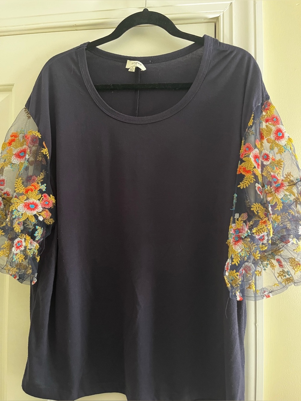 Umgee Navy Top with Embroidered Sheer Floral Sleeves